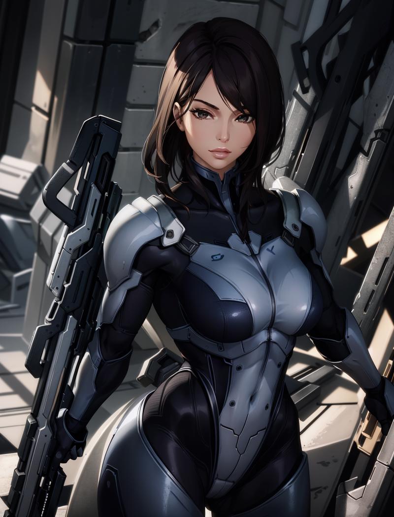 00560-ExcelsiorStinger-3545684194-AshleyME, 1girl, solo, looking at viewer, brown hair, black hair, gloves, brown eyes, weapon, lips, gun, bodysuit, science ficti .png